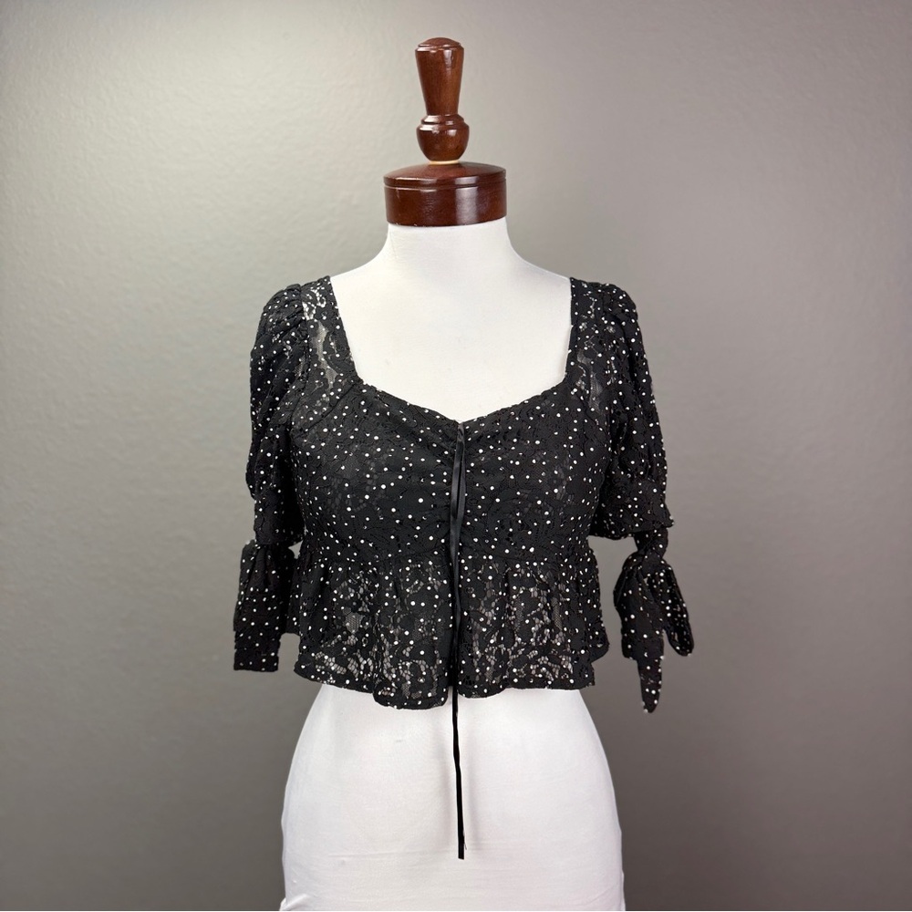 Rihoas Black & white Polka dot Blouse Crop Top Sz S Romantic Coquette Twee